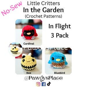 May include: A set of three crochet amigurumi patterns for a cardinal, bee, and bluebird. The patterns are titled "In Flight" and are part of a collection called "Little Critters in the Garden".