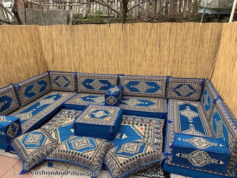 Arabic Sofa Set, Blue Sofa, L Shape Majlis Sofa, Bohemian Home Decor