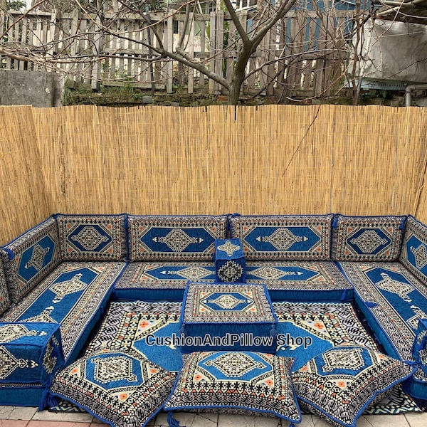Ensemble de canapé arabe, Canapé bleu, Canapé majlis en forme de L, décoration intérieure boho, canapé gris, ensemble de canapé oriental, canapé de commande personnalisée, décor de style ottoman
