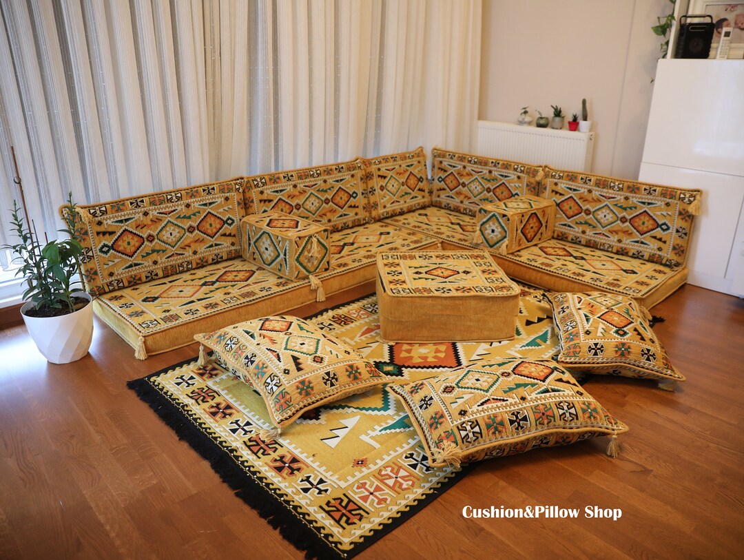 Yellow Sofa, Arabic Sofa Set, L Shape Majlis Sofa, Turkish Home Decor