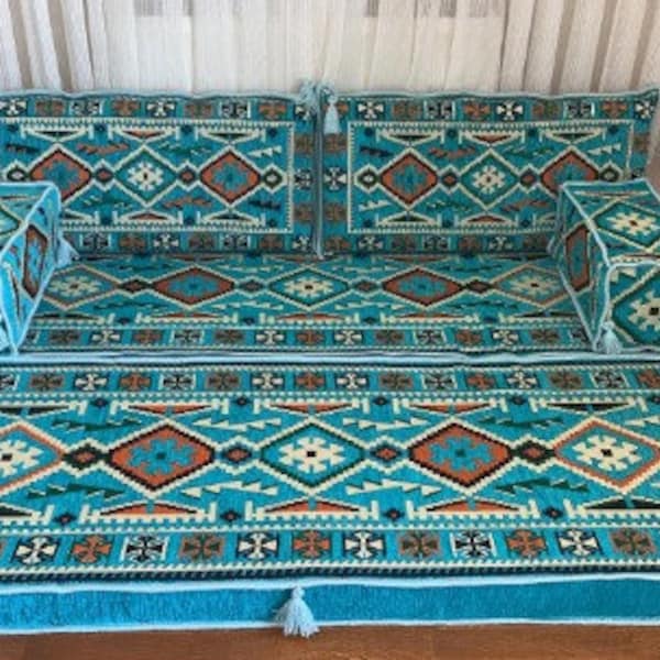 Turquoise Bed, Ethnic sofa, boho furniture, living room sofa, arabic style majlis floor sofa set,floor couch, oriental floor seat sofa