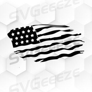 Puede incluir: Un diseño de bandera estadounidense en blanco y negro desgastado. La bandera está desgarrada y desgastada, con un aspecto descolorido.