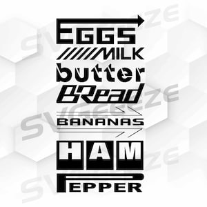 Puede incluir: Gráfico de texto en blanco y negro que enumera artículos de comestibles comunes: Huevos, Leche, Mantequilla, Pan, Plátanos, Jamón, Pimienta.