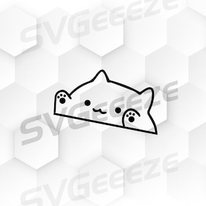 May include: A black and white line drawing of a cartoon cat peeking over a surface. The cat has a round head, large eyes, and a small mouth. It is looking to the right.