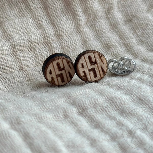 Personalized Natural Wood Classic Monogram Stud Earring, Lightweight Stud Earring, Personalized Jewelry, Gifts for Her, Bridesmaid Gifts