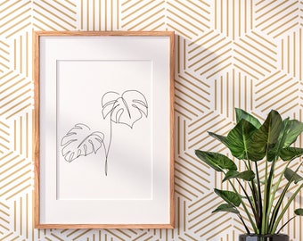 One Line Leaves Printable Art Monstera, simple botanical wall decor, single line art print, modern interior poster, black line art
