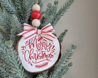 Merry Christmas | Wood Slice | Christmas Tree Ornament | Rustic | Farmhouse