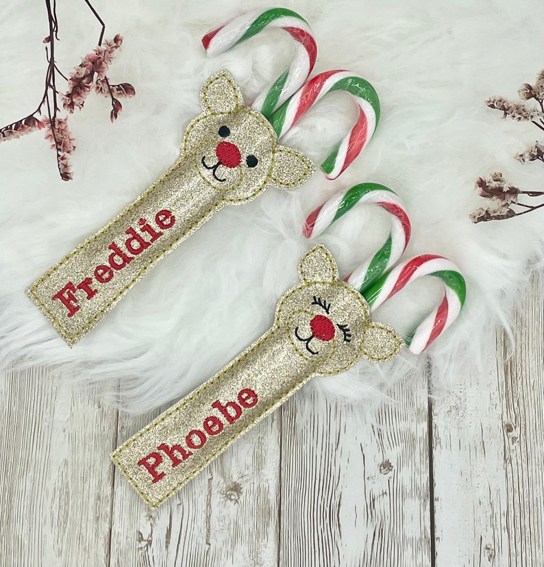 Personalised Christmas reindeer candy cane holder - table place holder - bookmark - Xmas Eve box filler stocking filler idea uk seller 