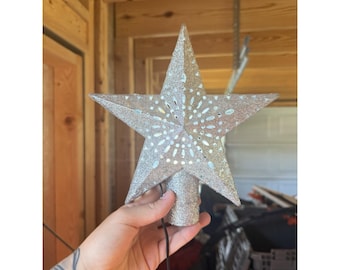 Silver Sparlke Disco Projection Star Tree Topper Ornament Holiday Christmas