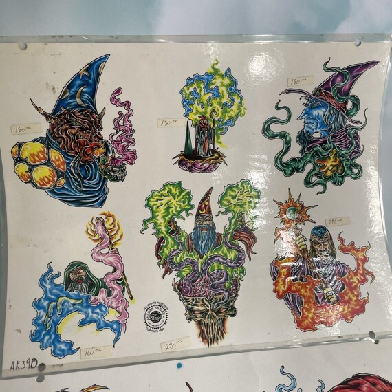 Vtg. Adam Kaplan Colorful Wizard Tattoo Flash Art Laminated Sheets