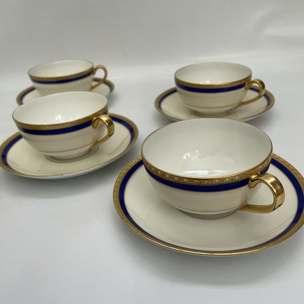 Set of 5 Cobalt Blue and Gold Trim Teacups and Saucers