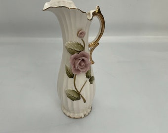 Vintage Enesco Bud Vase With Pink Rose and Gold Trim