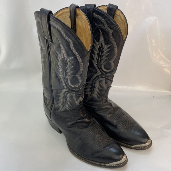 Vtg Tony Lama Black w/Stitched Design Leather Western Boots Steel Tip Sz9.5