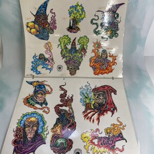 Vtg. Adam Kaplan Buntes Zauberer Tattoo Flash Art Laminierte Bögen