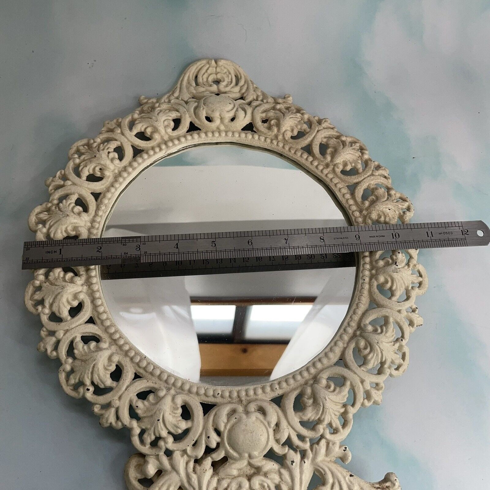 Vtg. Victorian Style Art Nuevo White Round Cast Iron Vanity Mirror