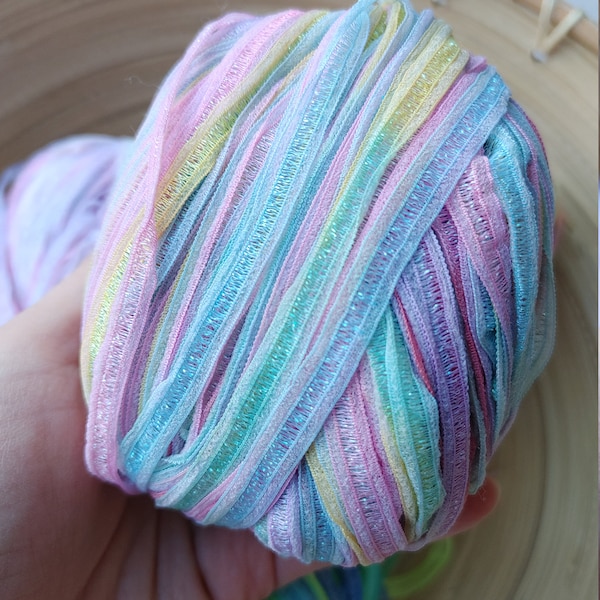 50gr(106m)Ribbon yarn dusty pink blush lavender sparkle ribbon . mixed media collage fiber art crafts gift wrap