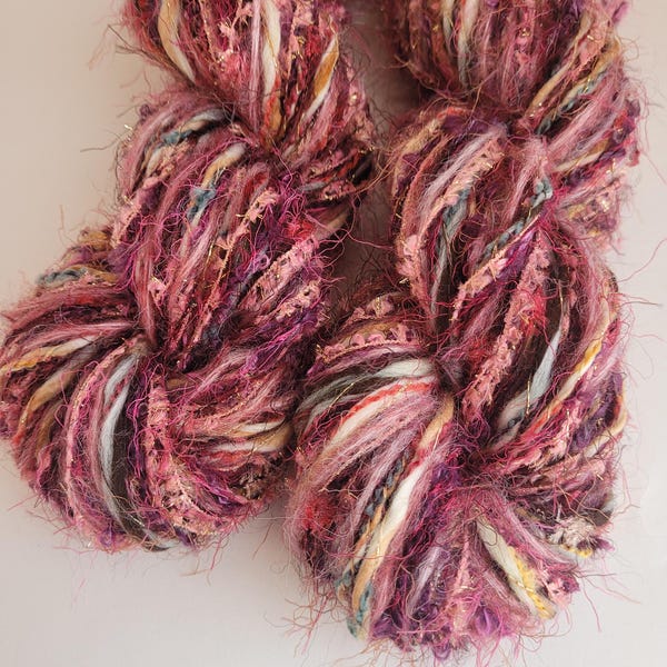 Burgundy Pink Red Pouf Pom Pom on Cord Yarn 50 Gram 36 Yards-Acryl/Poly/Nylon, Multi Colored Ribbon Yarn