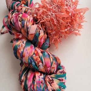 Wildflower Yarn 100gr/120yds,1" Chiffon ribbon printed Assorted Sari silk Recycled ribbon Weaving knitting/Pastel Orange Paper Flag