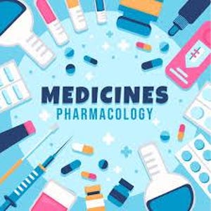 May include: A blue background with various medical supplies, including pills, vials, syringes, thermometers, and bottles. The text "MEDICINES PHARMACOLOGY" is in the centre of the image.