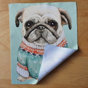 Könnte beinhalten: Ein weißer Mops, der einen grün-roten Pullover mit einem weißen Schneeflockenmuster auf hellblauem Hintergrund trägt.