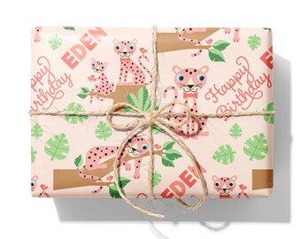 Pastel Safari Cheetah Birthday Wrapping Paper, Personalized Name Jungle Leopard, Jaguar, Baby & Kids