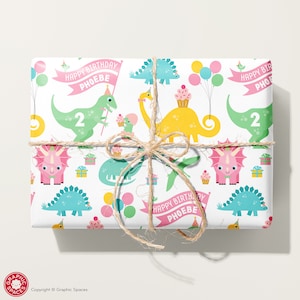Pastel Dinosaur Girl Party Animal Birthday Wrapping Paper, Personalized Name Custom Dino Gift Wrap, Baby & Kids