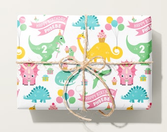 Pastel Dinosaur Girl Party Animal Birthday Wrapping Paper, Personalized Name Custom Dino Gift Wrap, Baby & Kids