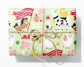 Farm Animal Party Birthday Name Wrapping Paper, Personalized Custom Barnyard Gift Wrap, Baby & Kids