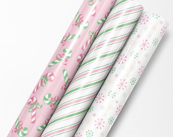 Set of 3 Pastel Christmas Wrapping Papers - Assorted Variety Pack, Pink Holiday Winter Retro Gift Wrap, Baby Kids