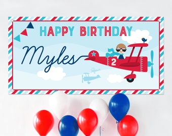 Airplane BOY Birthday Banner Personalized Name, Custom Kids Party Backdrop Sign