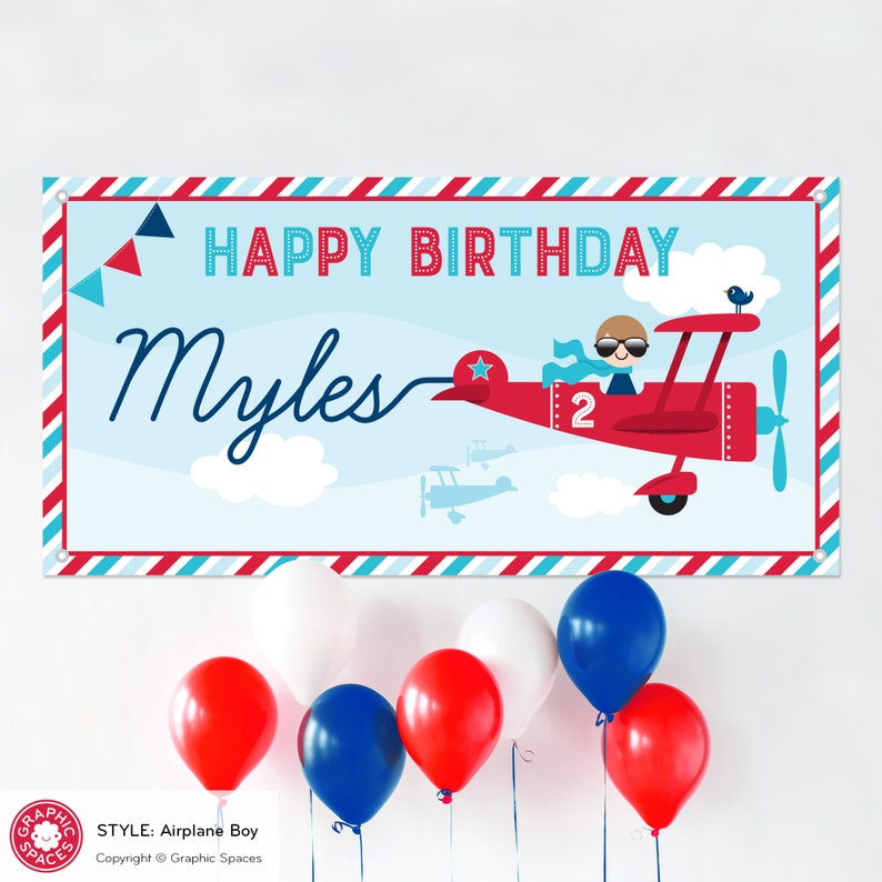 Airplane BOY Birthday Banner Personalized Name Custom Kids Party Backdrop Sign