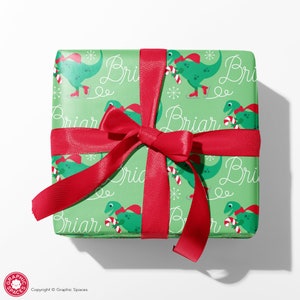 Christmas Dinosaur Wrapping Paper, Personalized Name, Ice Skating T-Rex, Custom Dino Gift Wrap, Baby & Kids