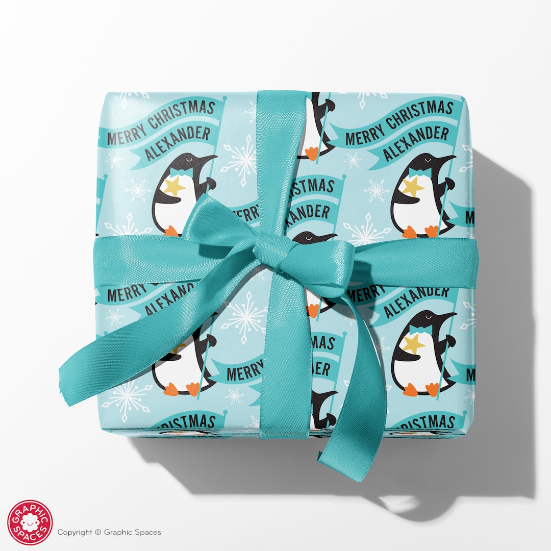 Christmas Penguin Name Wrapping Paper, Personalized Custom Holiday Gift