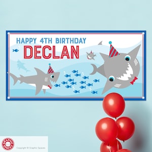 Shark Birthday Banner Personalized Name, Custom Baby Kids Ocean Backdrop Sign Decoration