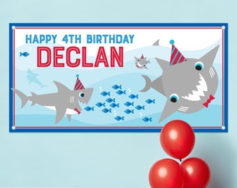 Shark Birthday Banner Personalized Name, Custom Baby Kids Ocean Backdrop Sign Decoration