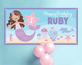 Mermaid Birthday Banner Personalized Name, Custom Baby Kids Ocean Party Backdrop Sign Decoration