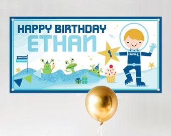 Space Astronaut BOY Birthday Banner Personalized Name, Custom Baby Kids Party Backdrop Decoration
