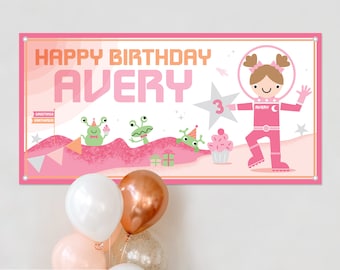 Space Astronaut GIRL Birthday Banner Personalized Name, Custom Baby Kids Party Backdrop Decoration