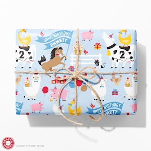 Farm Animal Party Birthday Name Wrapping Paper, Personalized Custom Barnyard Gift Wrap, Baby & Kids