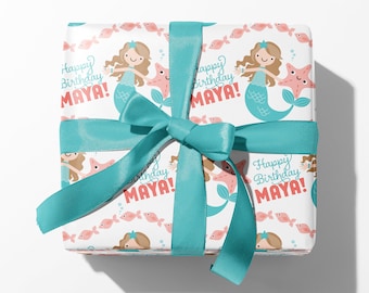 Mermaid Birthday Wrapping Paper, Personalized Name Custom Gift Wrap, Baby & Kids
