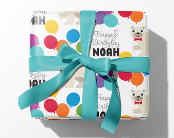 Birthday Bear Name Wrapping Paper, Personalized Woodland Animal Custom Gift Wrap, Baby & Kids
