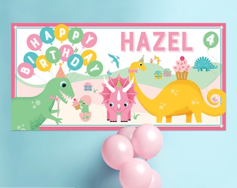 Dinosaur GIRL Birthday Banner Personalized Name, Custom Baby Kids Pastel Dino Party Backdrop Sign Decoration