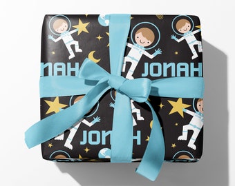 Astronaut Boy Name Wrapping Paper, Personalized Outer Space Custom Gift Wrap, Birthday, Baby & Kids