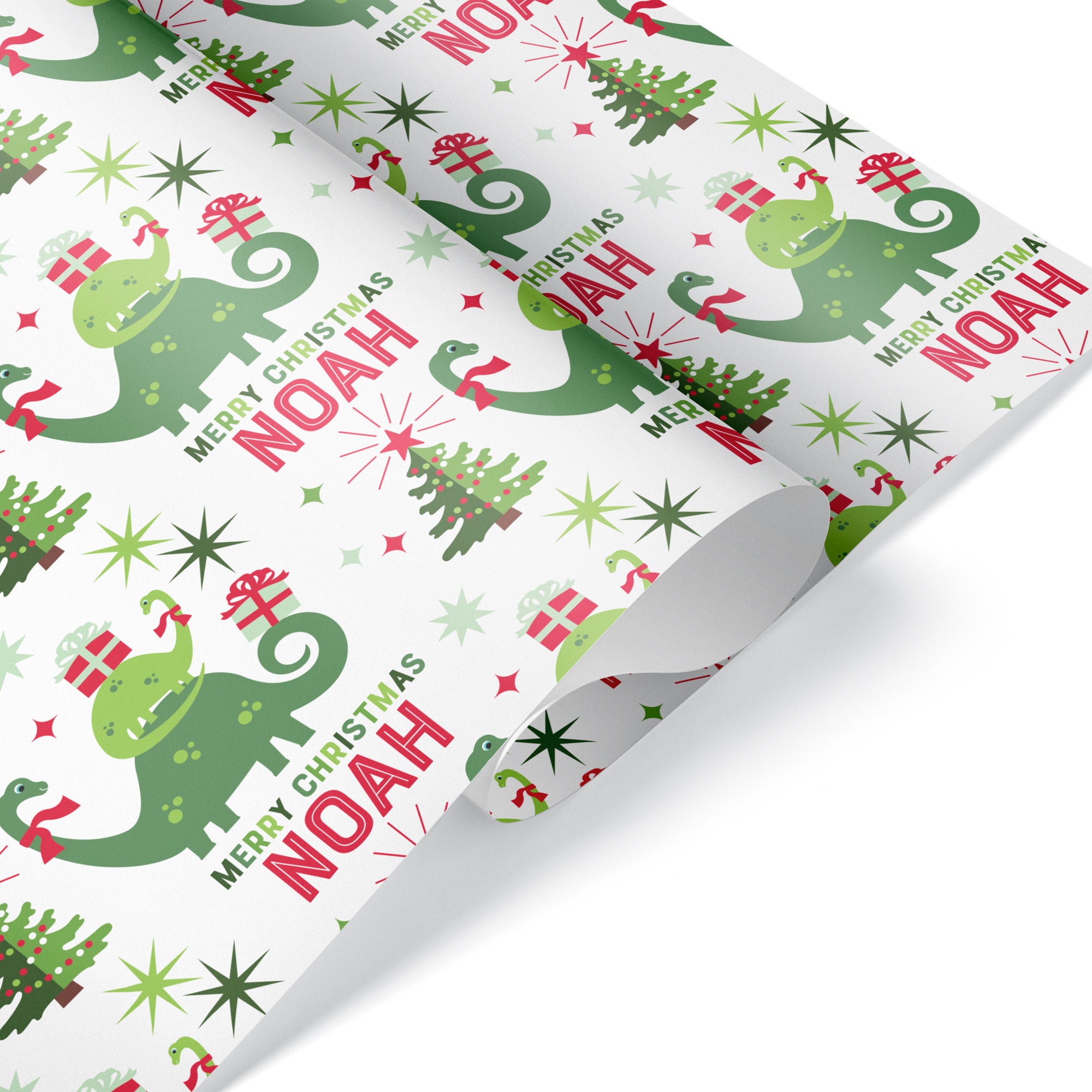 Christmas Dinosaur Wrapping Paper, Personalized Brontosaurus Custom