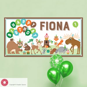Woodland Party Animal Birthday Banner Personalized Name, Custom Baby Kids Backdrop
