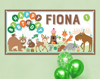 Woodland Party Animal Birthday Banner Personalized Name, Custom Baby Kids Backdrop