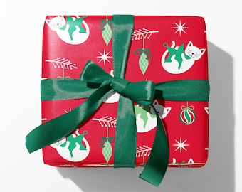 Christmas Cat Wrapping Paper, Retro Kitty Holiday Gift Wrap, Cat-Lover, Kids, Baby