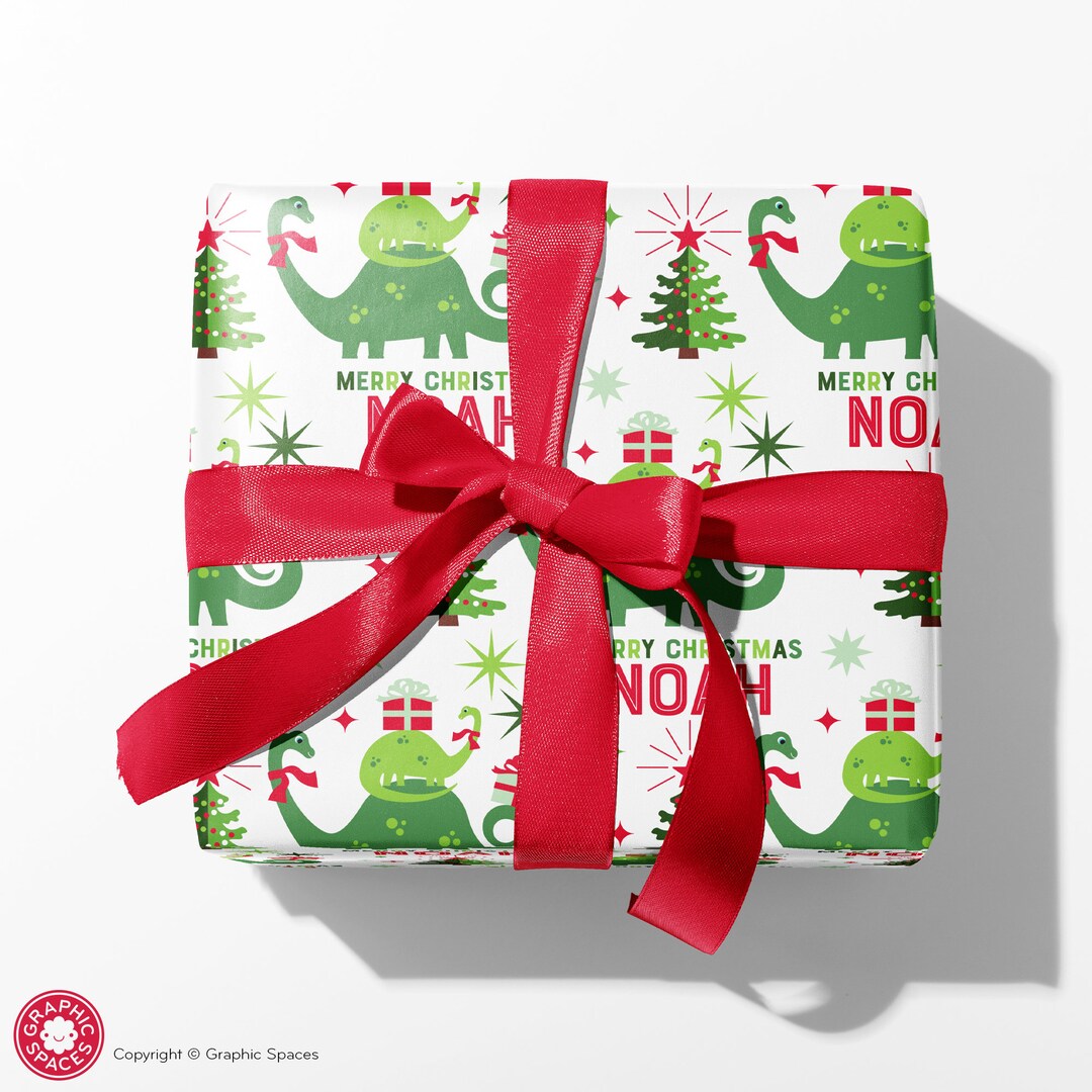 Christmas Dinosaur Wrapping Paper, Personalized Brontosaurus Custom