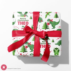 Christmas Dinosaur Name Wrapping Paper, Personalized Custom Dino Gift Wrap, Baby & Kids