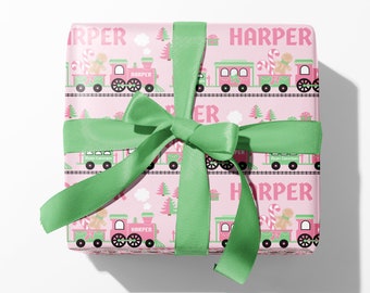 Pastel Christmas Train Wrapping Paper, Personalized Name, Custom Holiday Gift Wrap, Baby, Kids